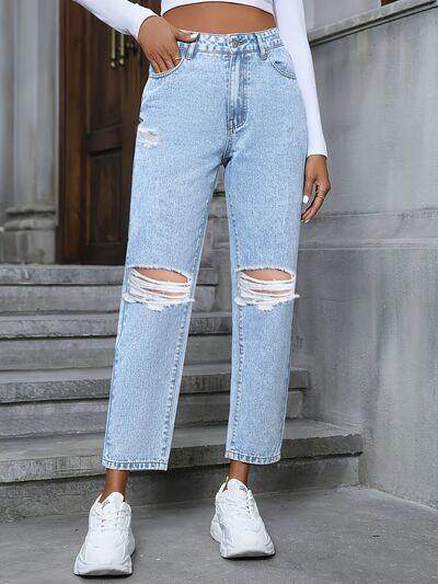 Distressed High Rise Jeans with Pockets for Women - Selvanelle