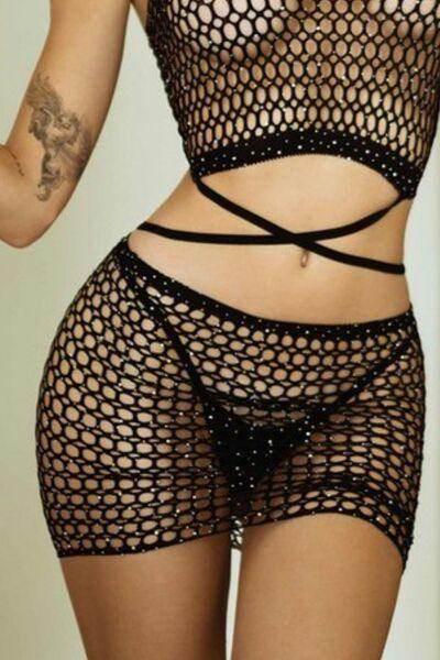 Yelete Rhinestone Fishing Net Crisscross Lingerie Set - Selvanelle