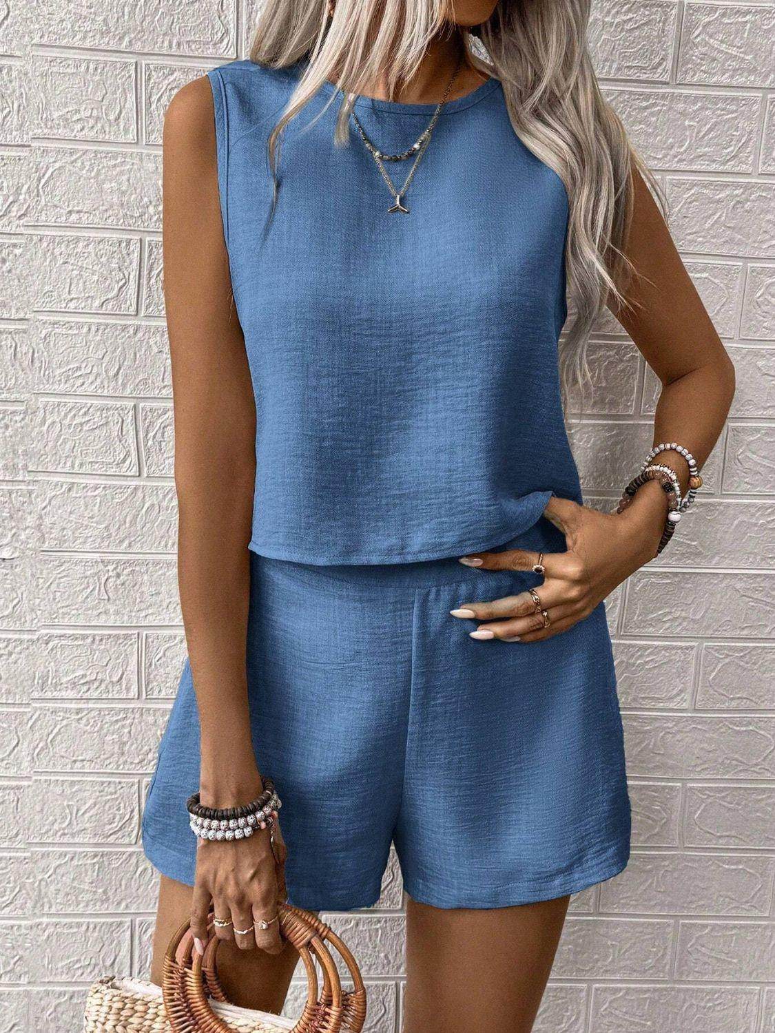 Round Neck Sleeveless Top and Shorts Set for Women - Selvanelle