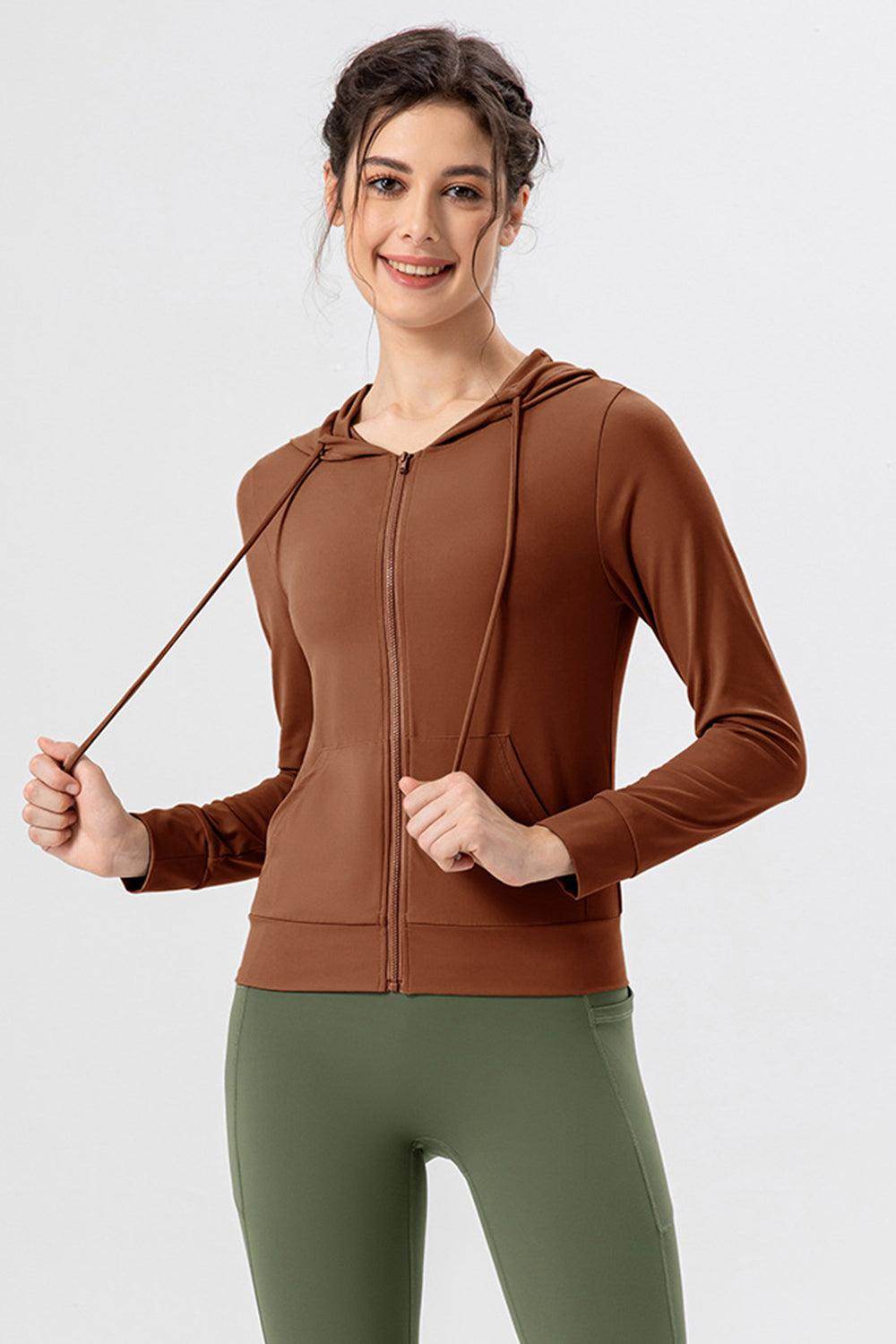 Drawstring Zip Up Hooded Active Outerwear for Women - Selvanelle