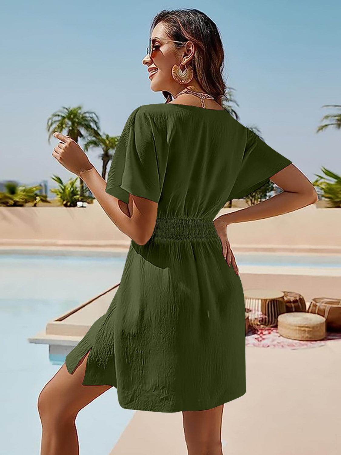 Smocked V-Neck Short Sleeve Dress for Effortless Style - Selvanelle