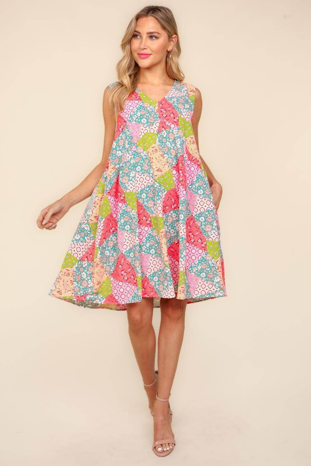 Haptics Full Size Babydoll Floral Patchwork Dress with Side Pockets - Selvanelle