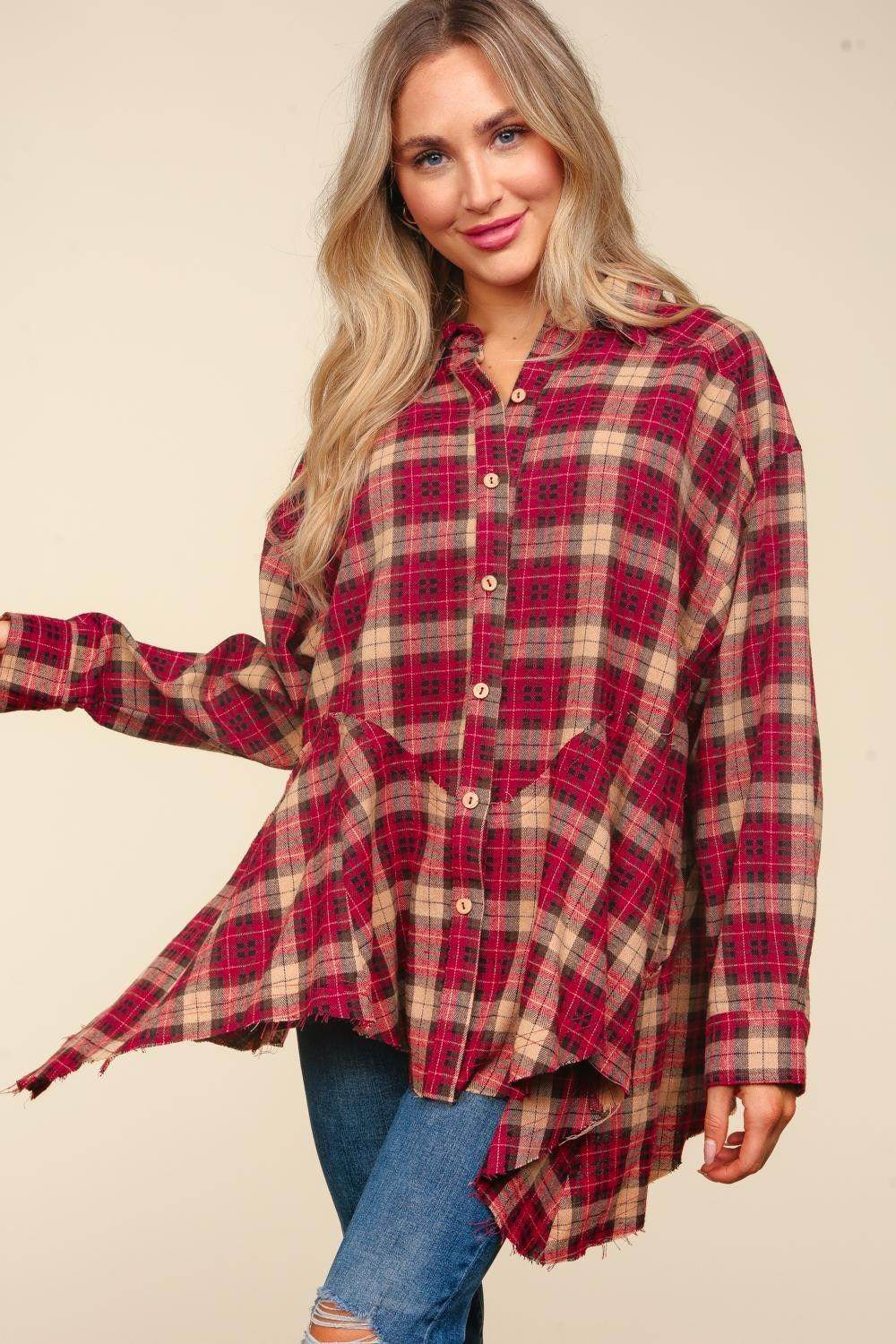 Haptics Plaid Button Down Sharkbite Shirt for Stylish Outfits - Selvanelle