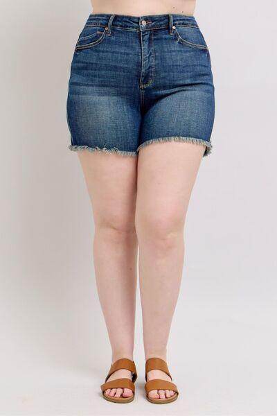 Judy Blue Tummy Control Fray Hem Denim Shorts for Women - Selvanelle
