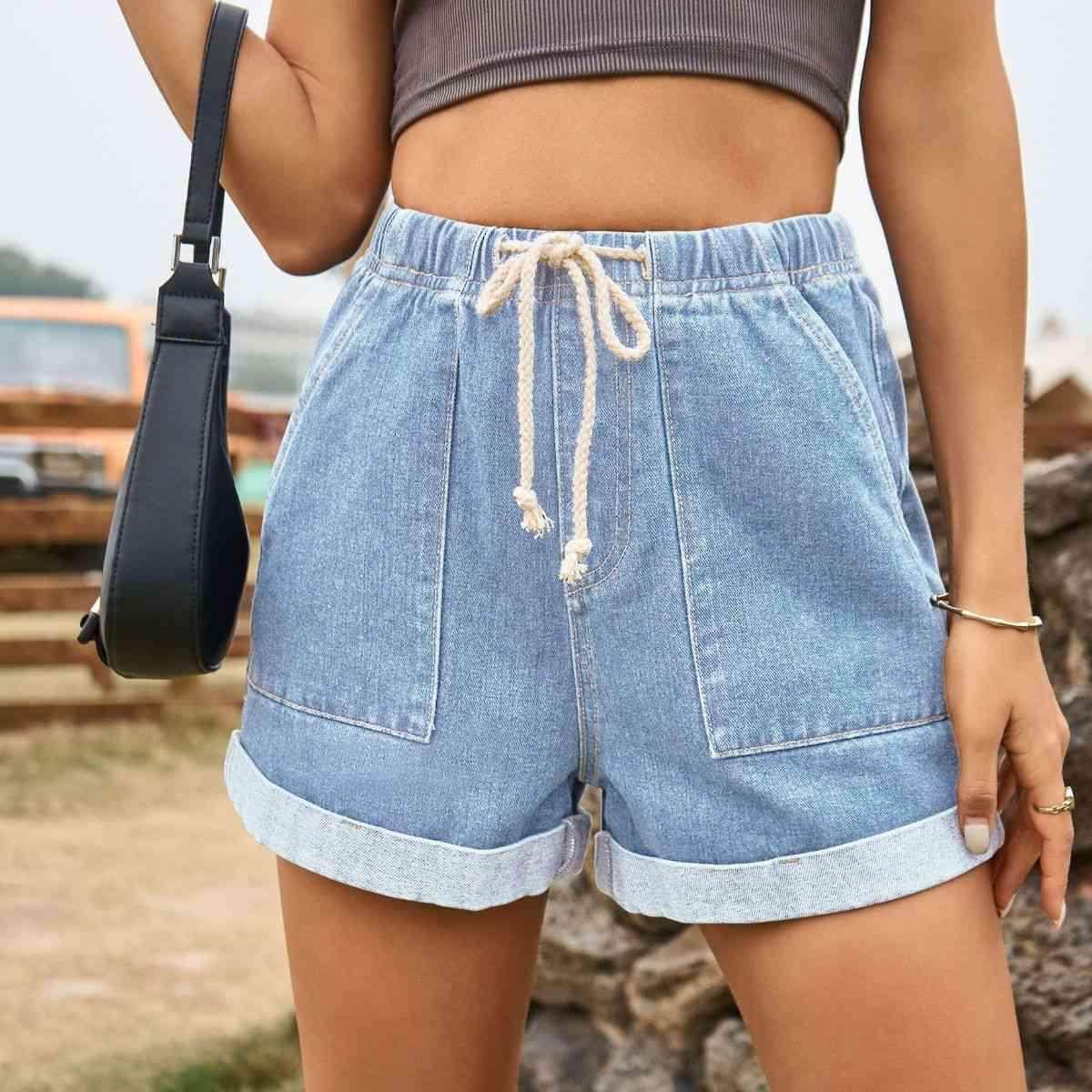 Drawstring High Waist Denim Shorts with Pockets for Women - Selvanelle