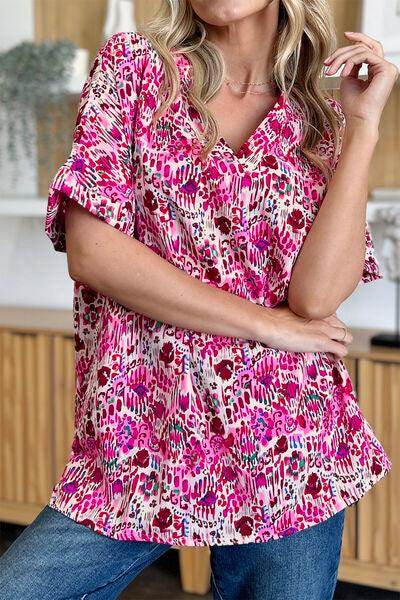 Double Take Full Size Printed V-Neck Short Sleeve Blouse - Selvanelle