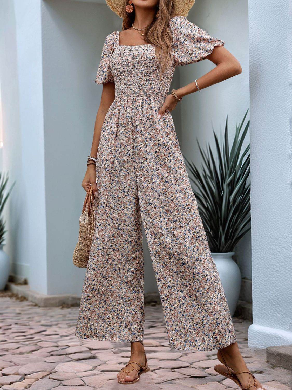Perfee Ditsy Floral Smocked Square Neck Puff Sleeve Jumpsuit - Selvanelle