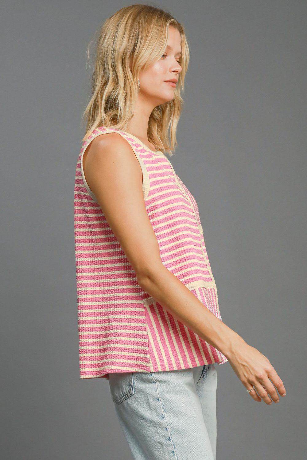 Umgee Round Neck Texture Striped Tank for Casual Style - Selvanelle