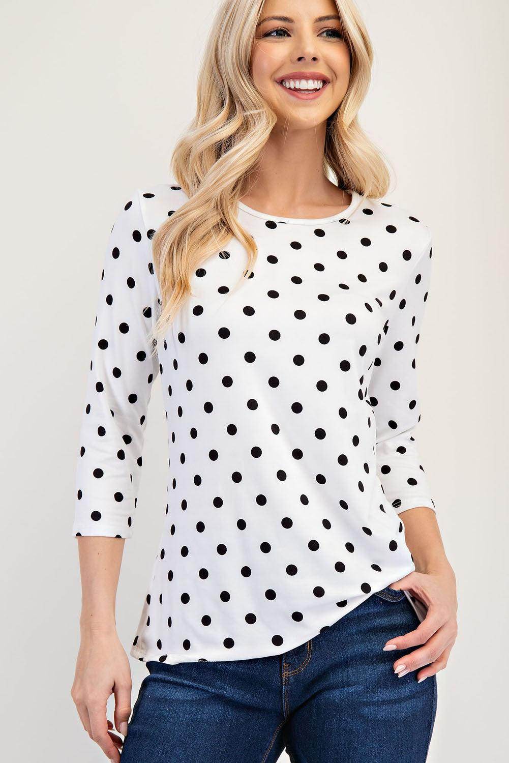 Celeste Full Size Polka Dot Three-Quarter Sleeve T-Shirt - Selvanelle