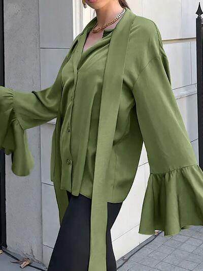 Button Down Flounce Sleeve Shirt for Stylish Women - Selvanelle