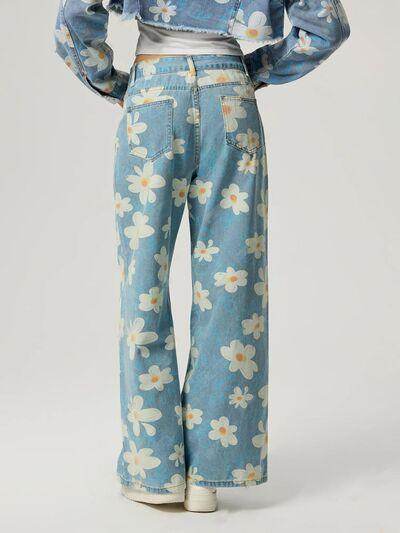 Pocketed Floral Wide Leg Jeans for Stylish Comfort - Selvanelle