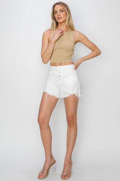 RISEN Button Fly Frayed Hem Denim Shorts for Women - Selvanelle