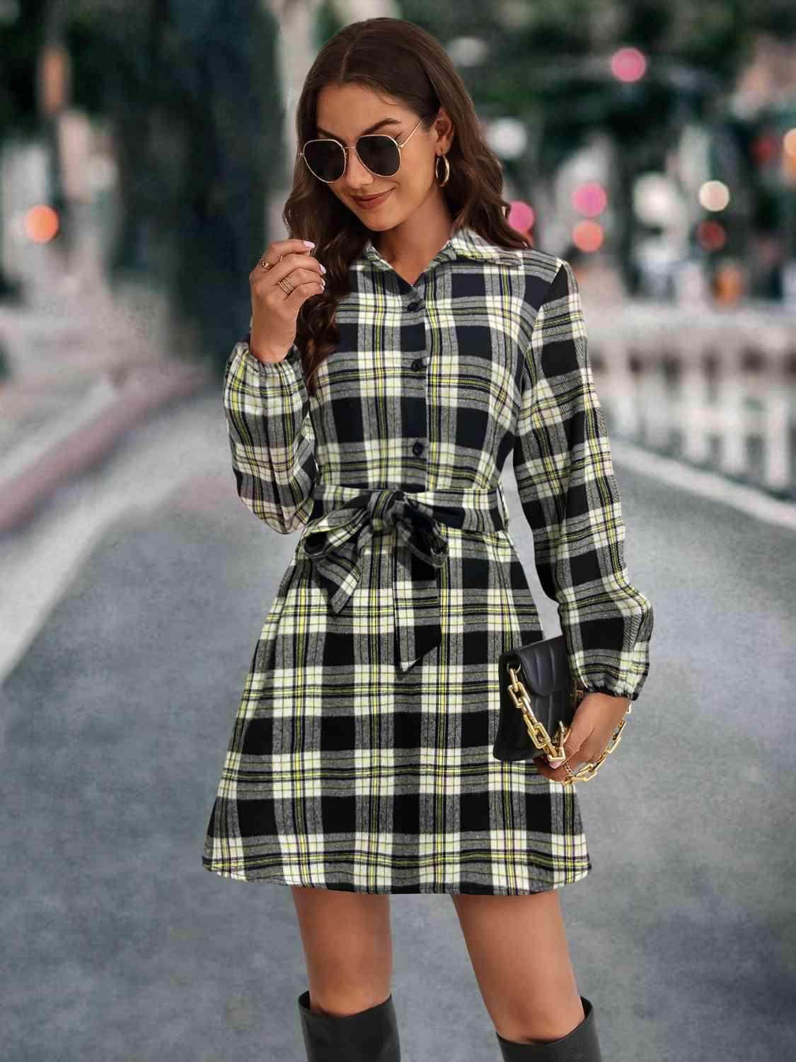 Plaid Tie Front Collared Neck Long Sleeve Dress For Women - Selvanelle
