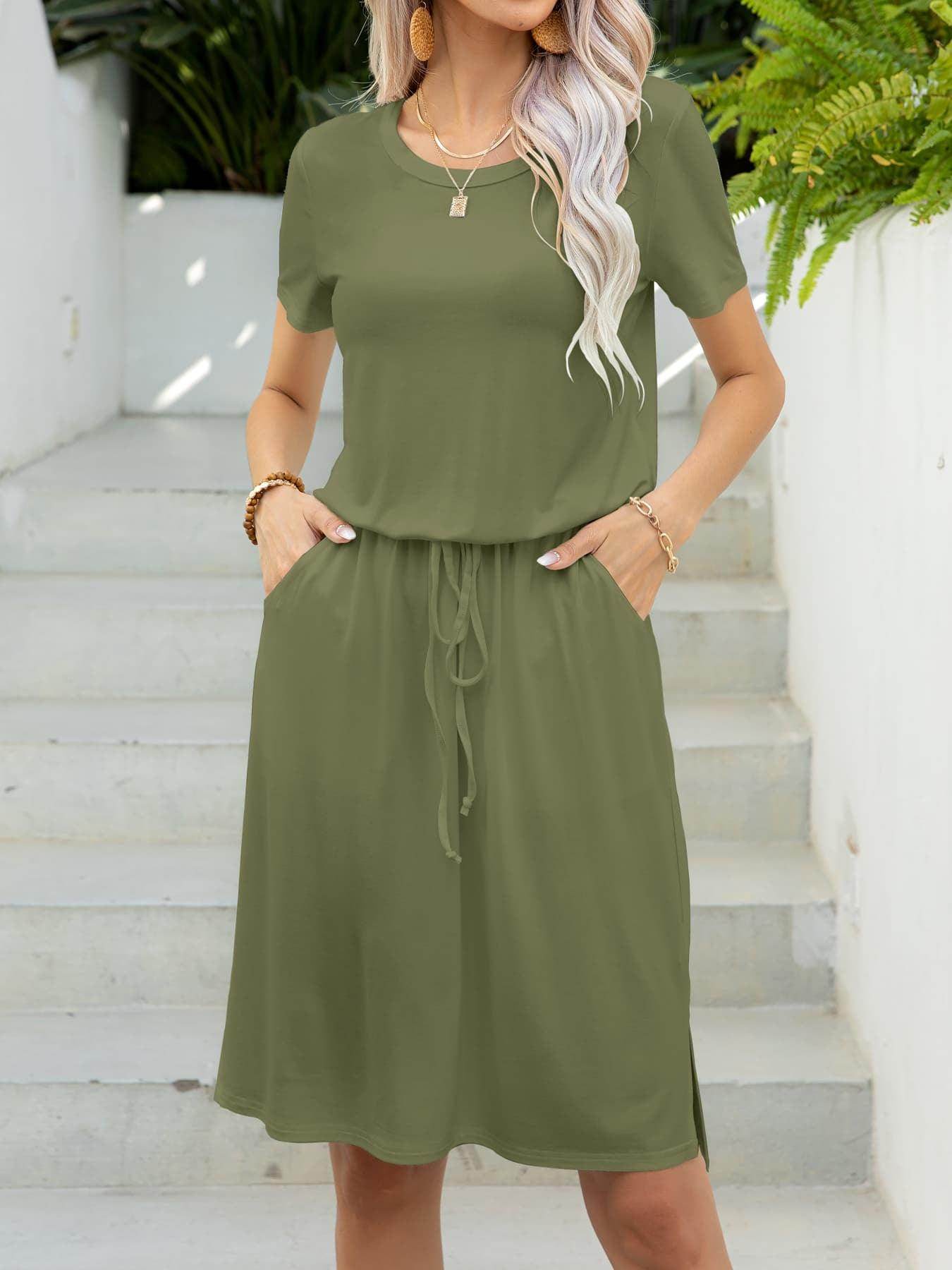Round Neck Short Sleeve Slit Dress with Pockets for Women - Selvanelle