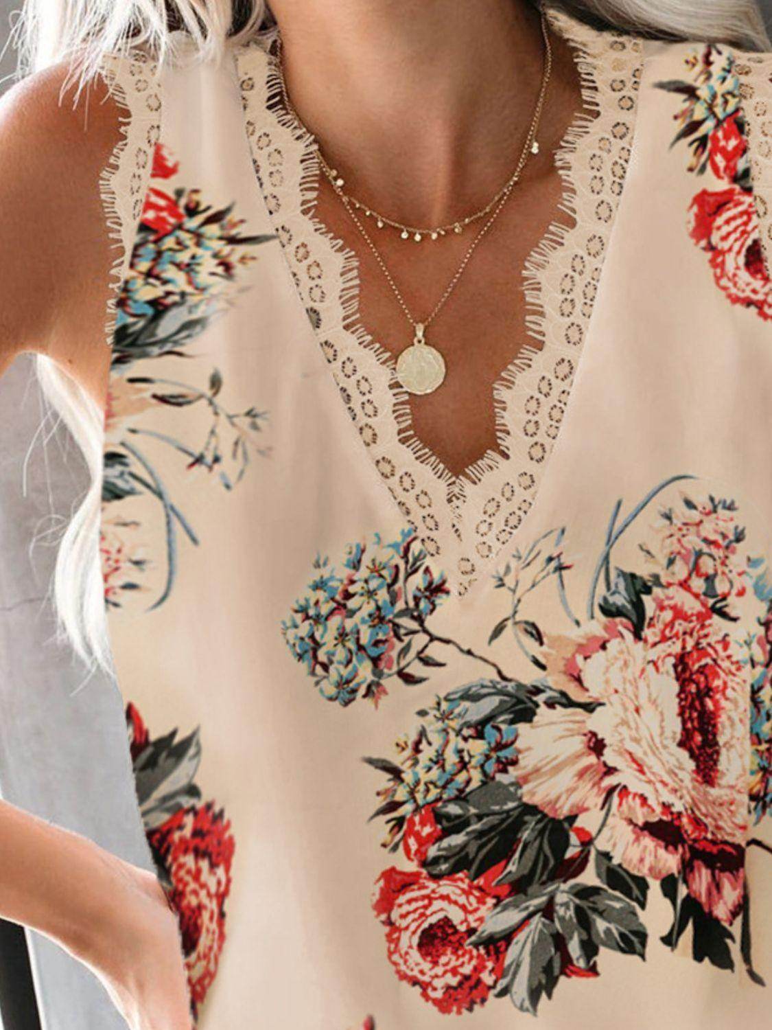 Lace Detail V-Neck Tank Top for Women in Various Sizes - Selvanelle