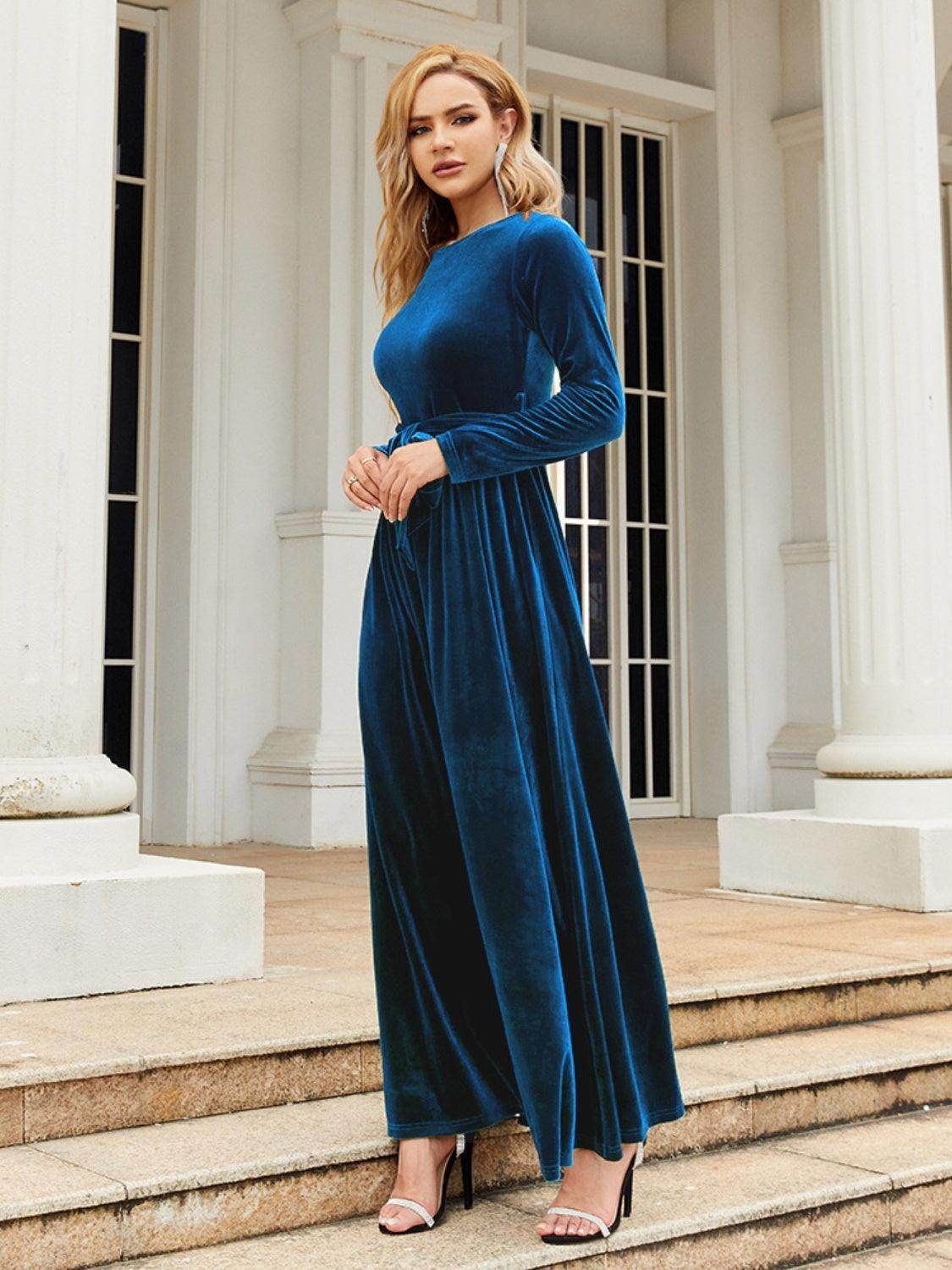 Tie Front Round Neck Long Sleeve Maxi Dress for Women - Selvanelle