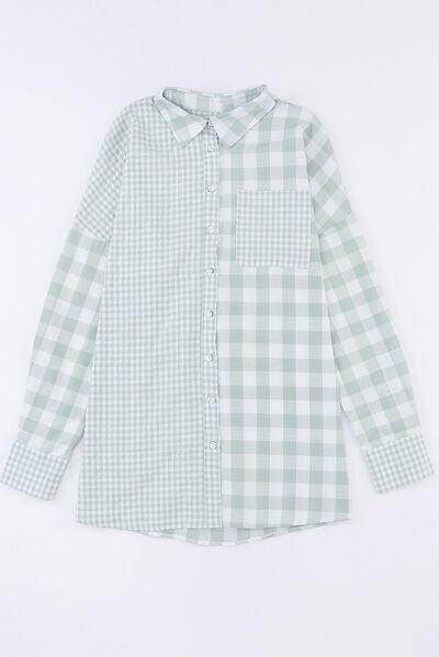 Pocketed Plaid Collared Neck Long Sleeve Shirt for Women - Selvanelle