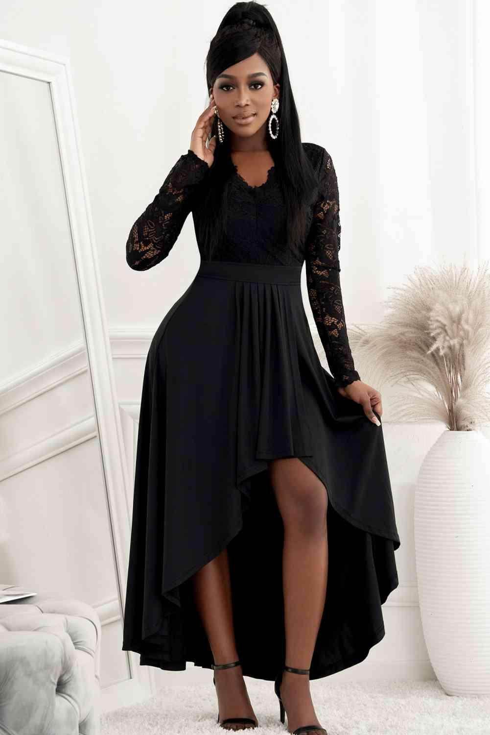 Lace High-Low V-Neck Dress for Elegant Evening Wear - Selvanelle