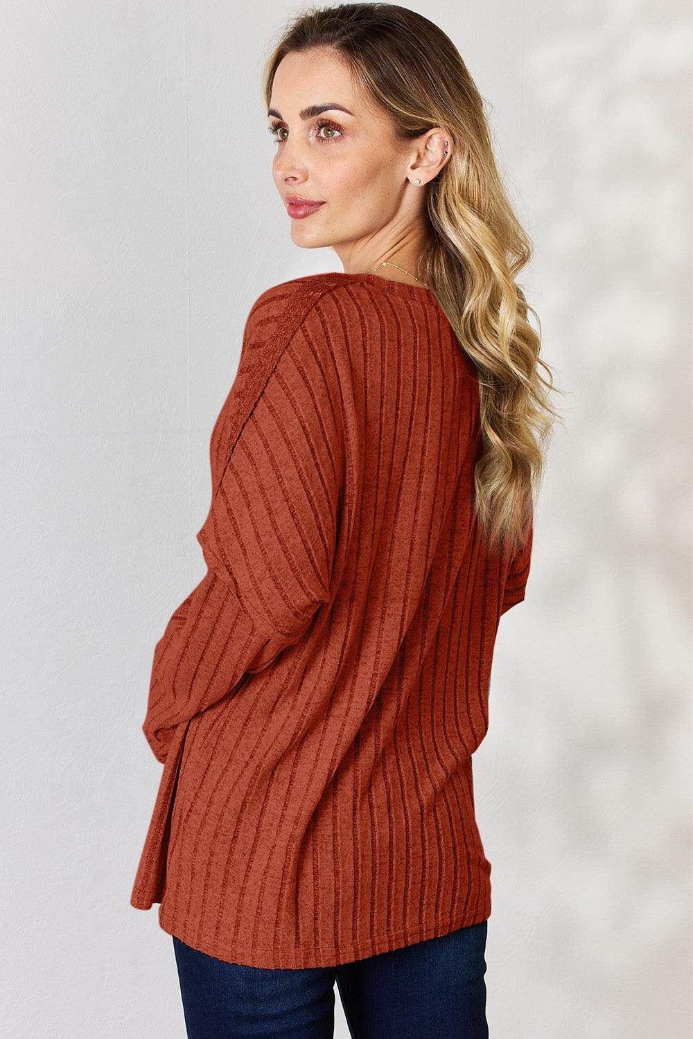 Basic Bae Full Size Ribbed Half Button Long Sleeve T-Shirt - Selvanelle