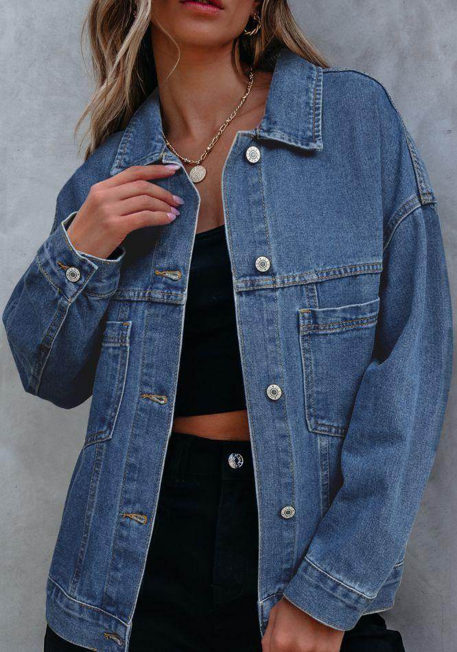 Stylish Pocketed Button Up Denim Jacket for Women - Selvanelle
