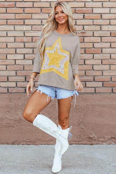 Star Applique Round Neck T-Shirt for Stylish Casual Wear - Selvanelle