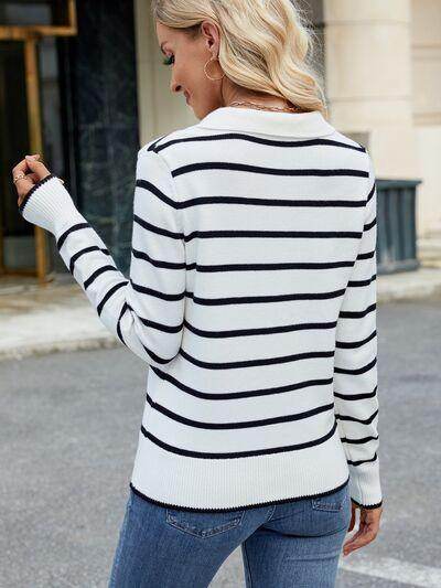 Striped Johnny Collar Long Sleeve Sweater for Women - Selvanelle