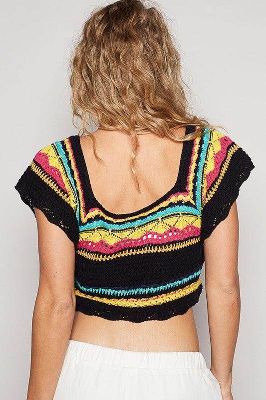 POL Openwork Ethnic Pattern Square Neck Cropped Knit Top - Selvanelle