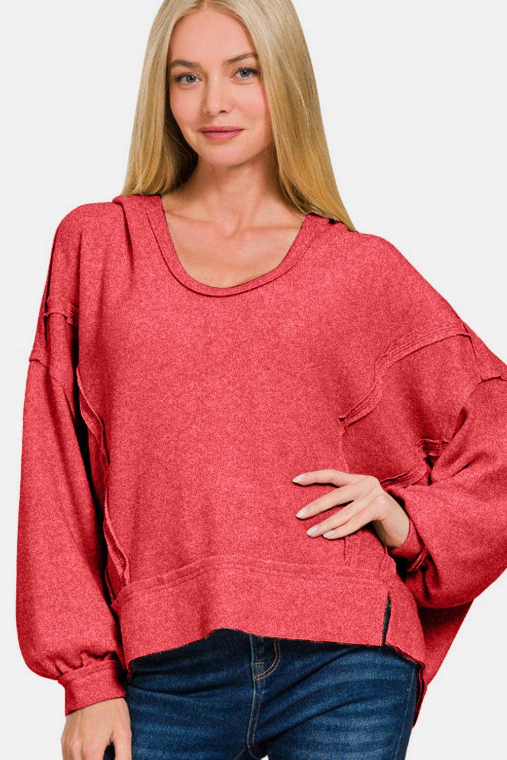 Zenana Brushed Hacci Exposed Seam Hoodie for Women - Selvanelle