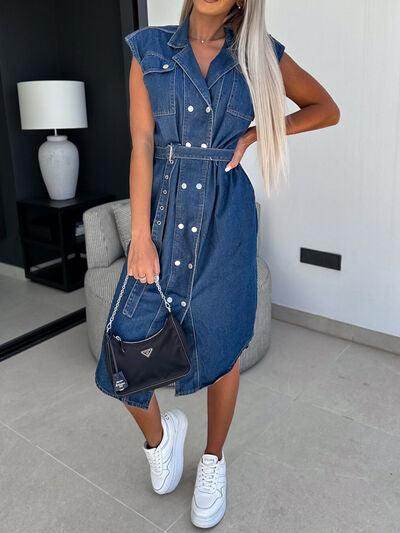 Collared Neck Cap Sleeve Denim Dress with Belted Style - Selvanelle