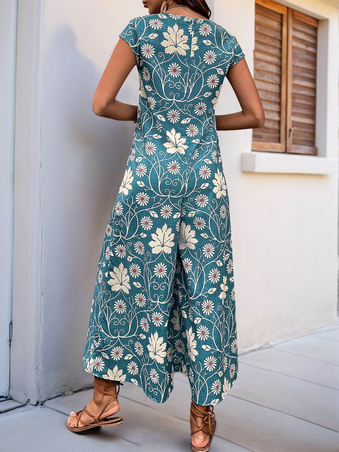 Perfee Printed Round Neck Cap Sleeve Wide Leg Jumpsuit - Selvanelle