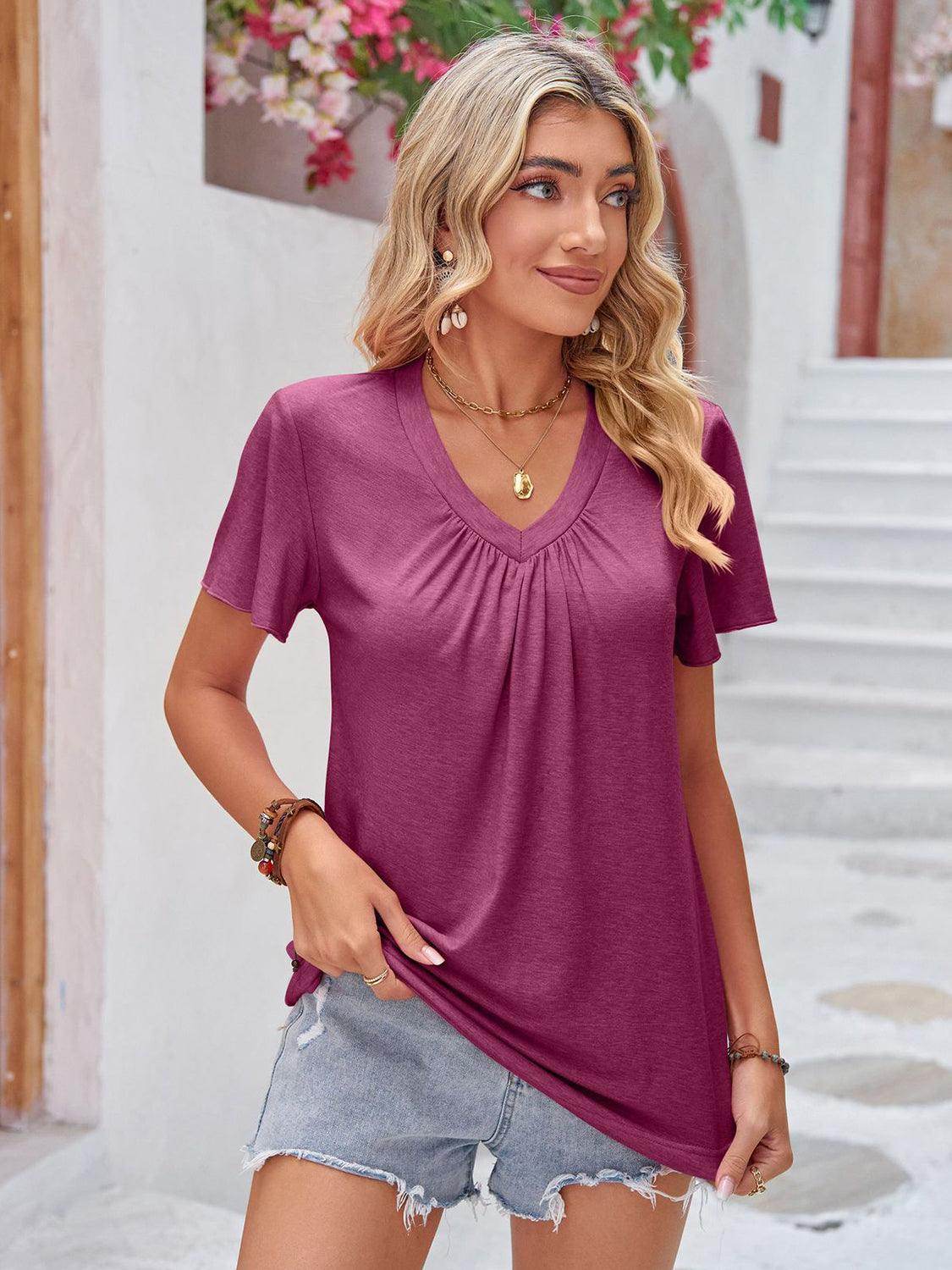 Double Take Ruched V-Neck Short Sleeve T-Shirt for Women - Selvanelle