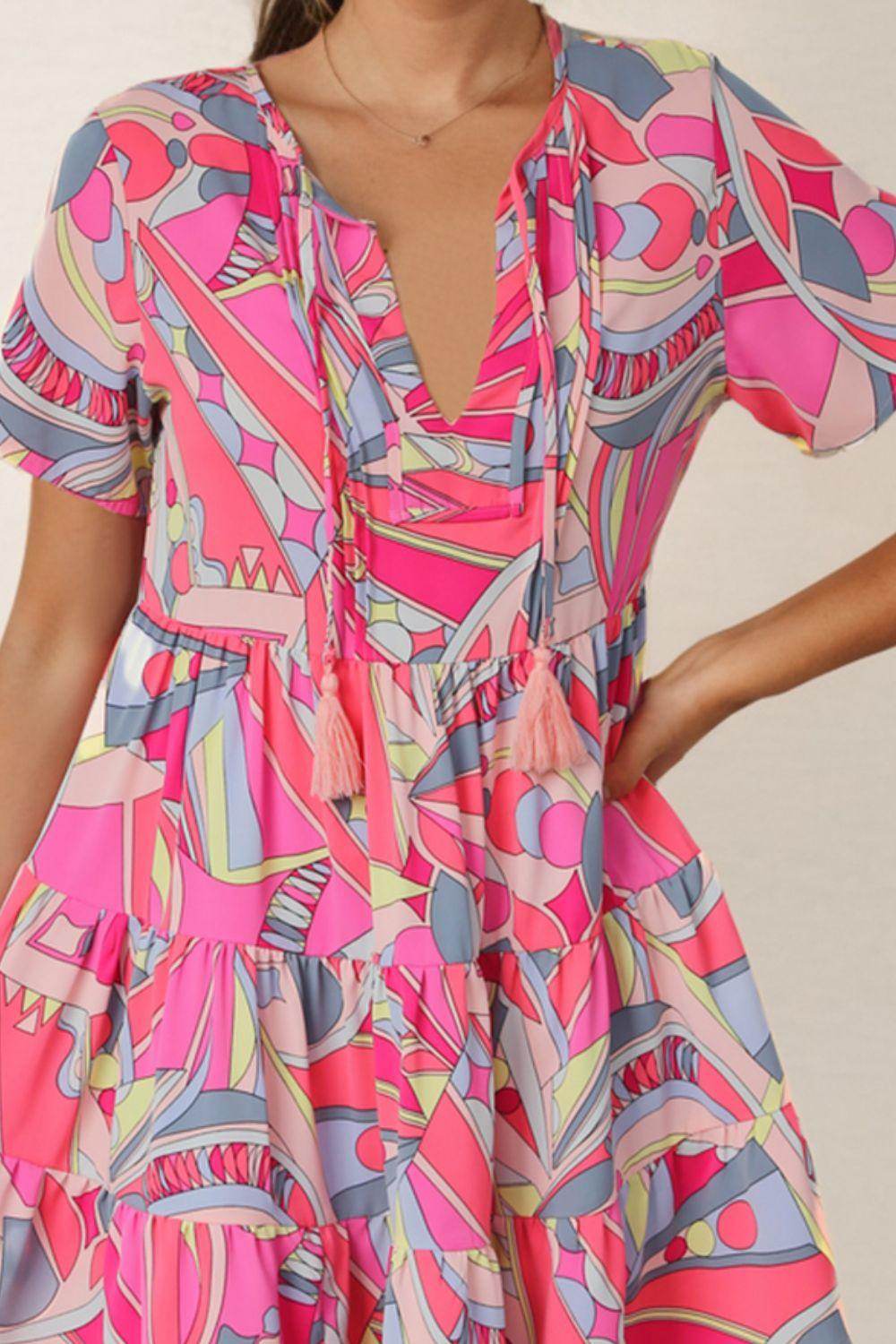 Multicolored Tie Neck Short Sleeve Tiered Dress for Women - Selvanelle