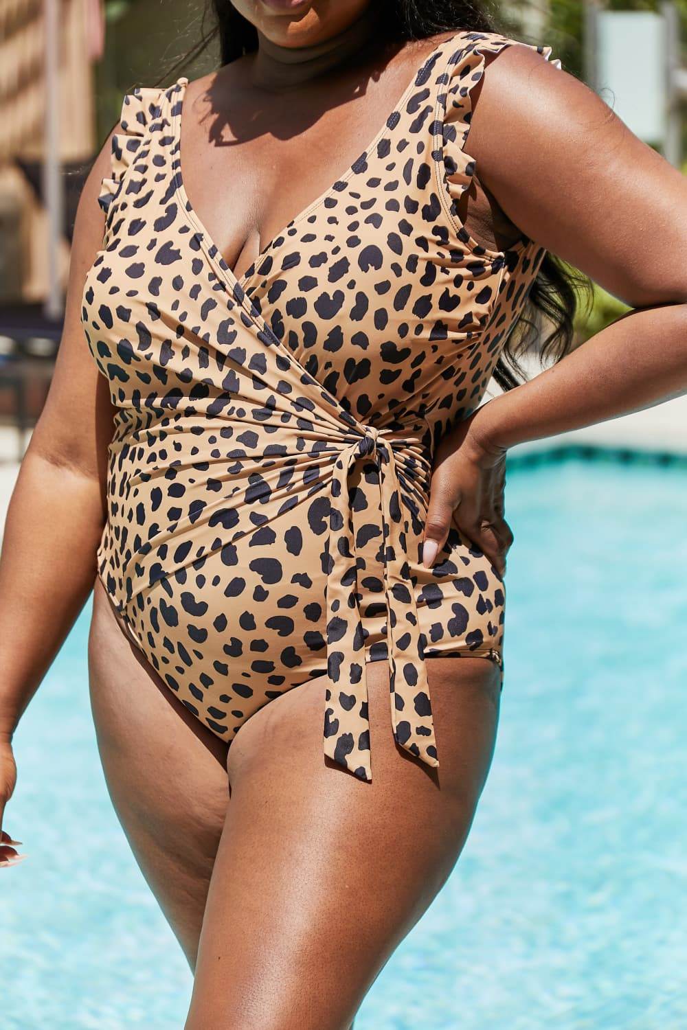 Marina West Swim Full Size Float On Ruffle Faux Wrap One-Piece in Leopard - Selvanelle
