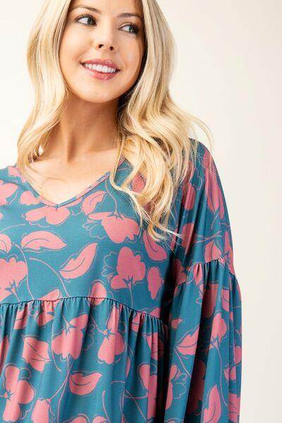 Celeste Full Size Tiered Floral V-Neck Long Sleeve Blouse - Selvanelle