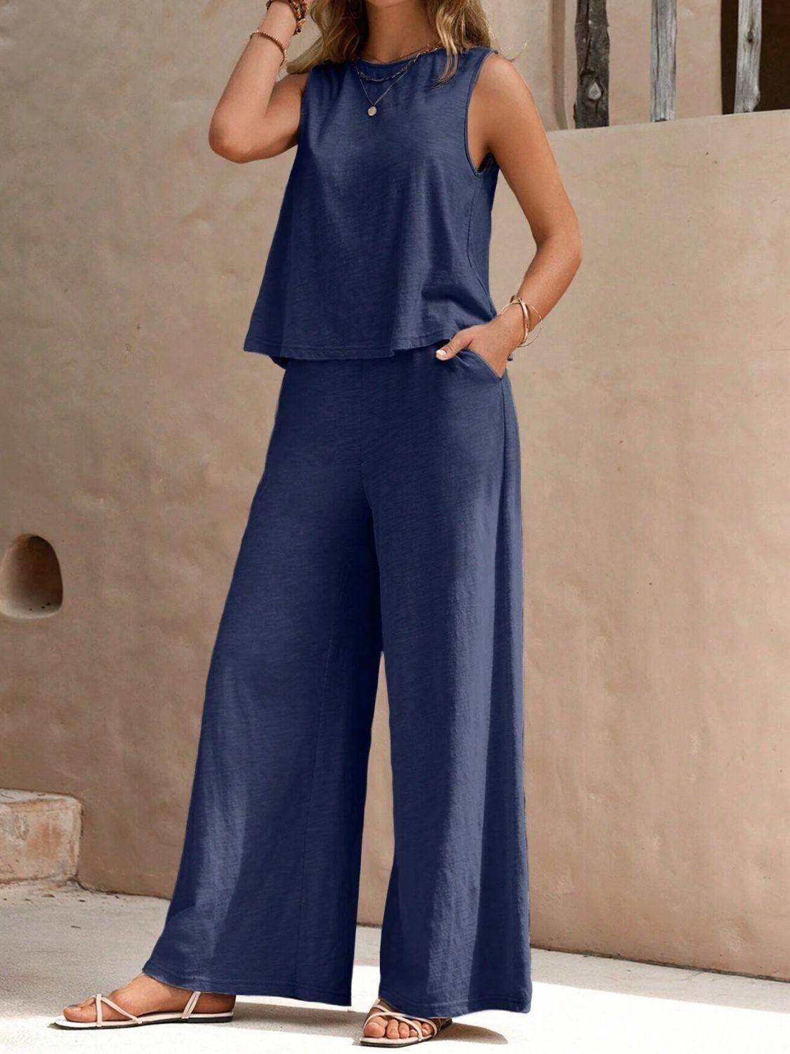 Stylish Round Neck Sleeveless Top and Wide Leg Pants Set - Selvanelle