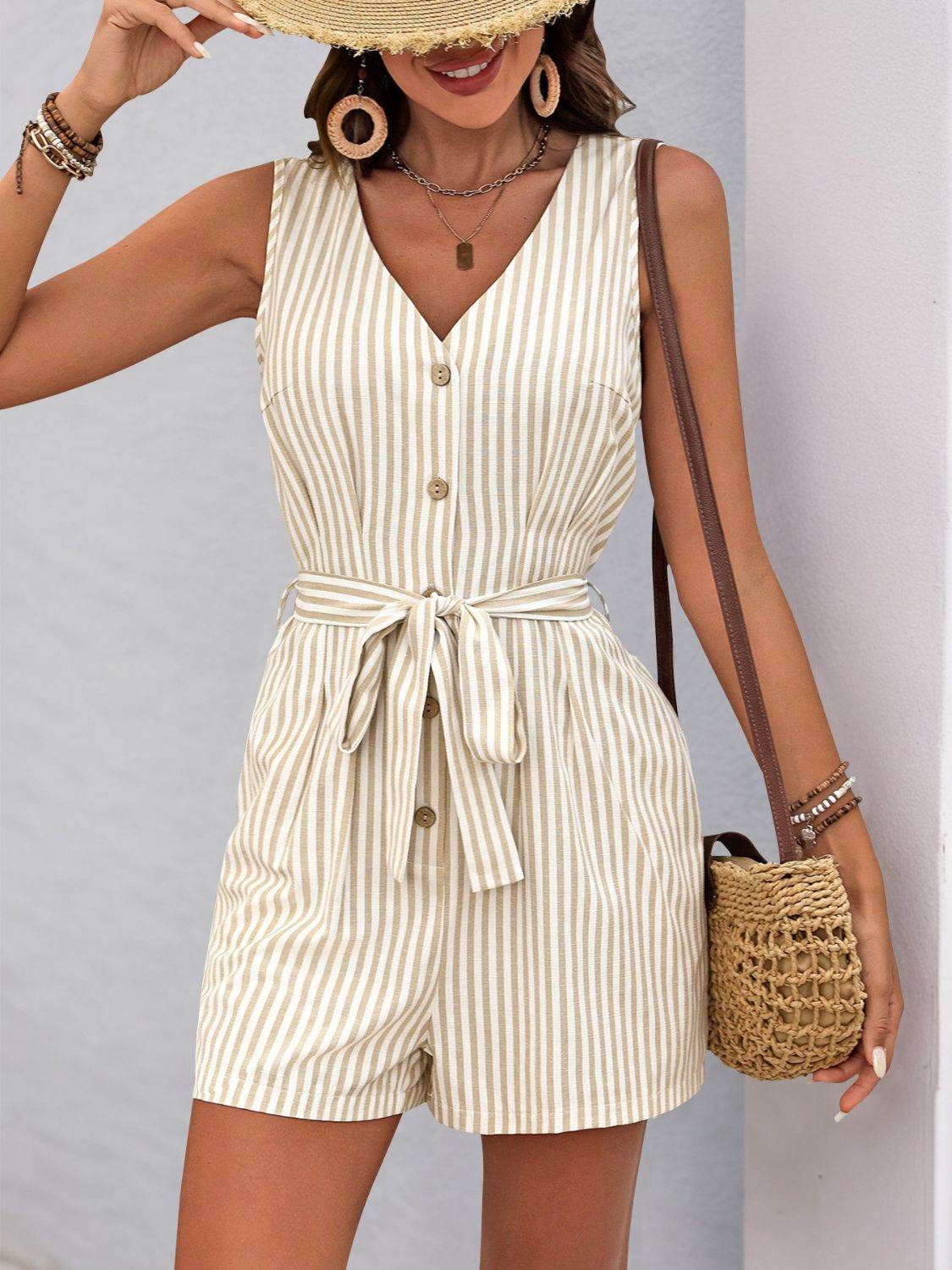 Perfee Striped V-Neck Tie Waist Romper - Selvanelle