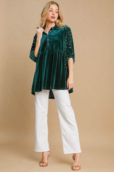 Umgee Pearl Detail Half Sleeve Velvet Babydoll Blouse - Selvanelle
