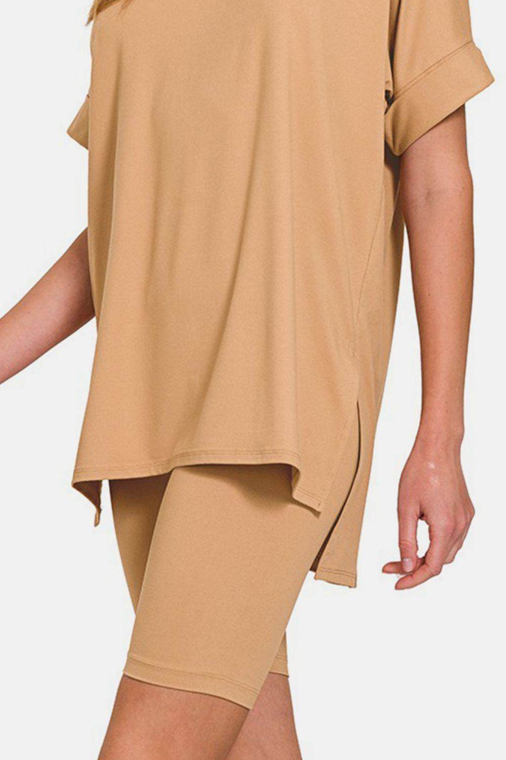 Zenana V-Neck Short Sleeve T-Shirt and Biker Shorts Set - Selvanelle