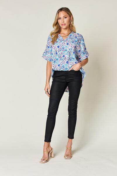 Double Take Full Size Printed V-Neck Short Sleeve Blouse - Selvanelle