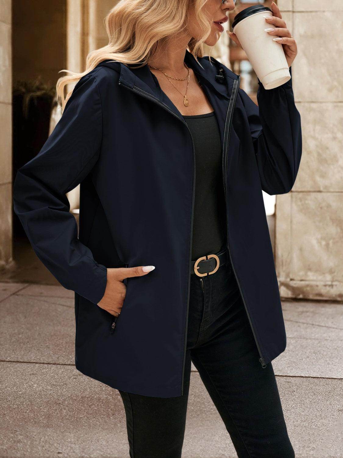 Ivy Lane Pocketed Zip Up Hooded Jacket for Women - Selvanelle