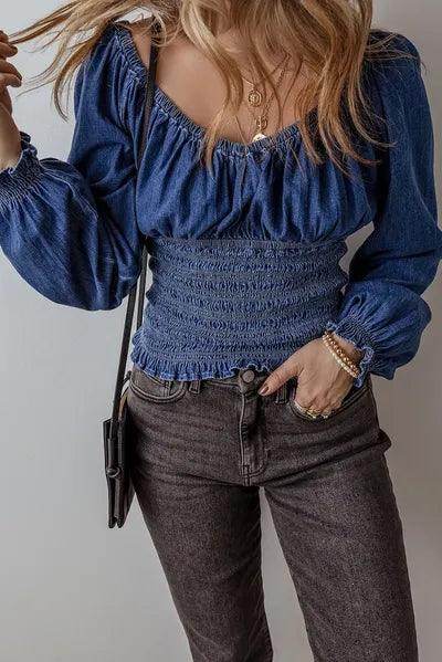 Smocked Long Sleeve Denim Top for Women Stylish Casual Wear - Selvanelle