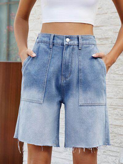 Buttoned Raw Hem Denim Shorts with Pockets for Women - Selvanelle