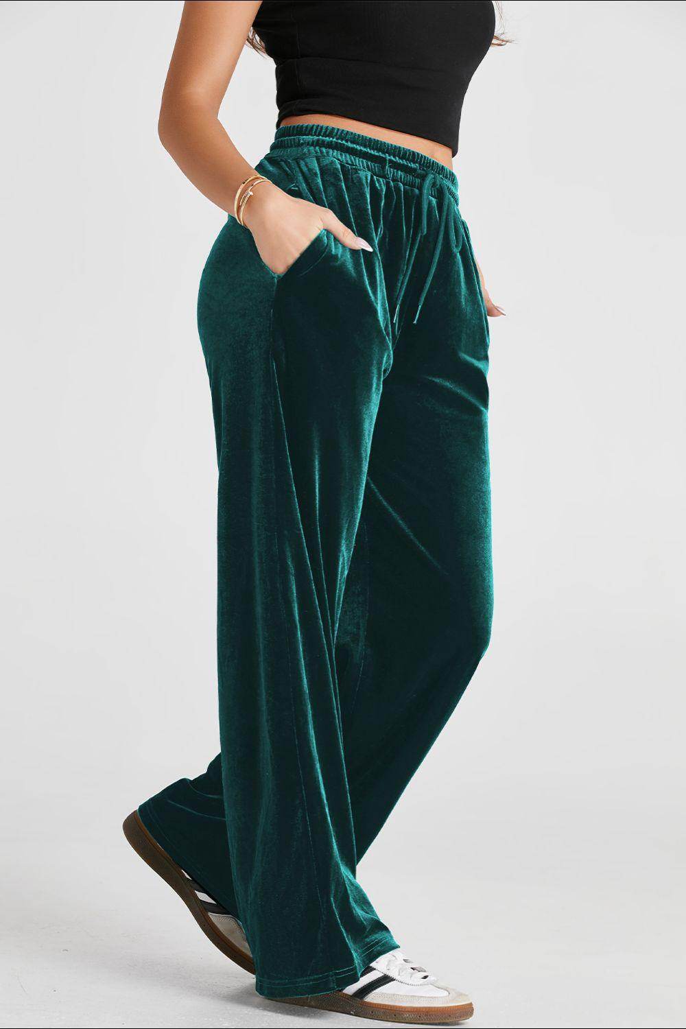 Drawstring Waist Wide Leg Active Pants for Women Comfort - Selvanelle