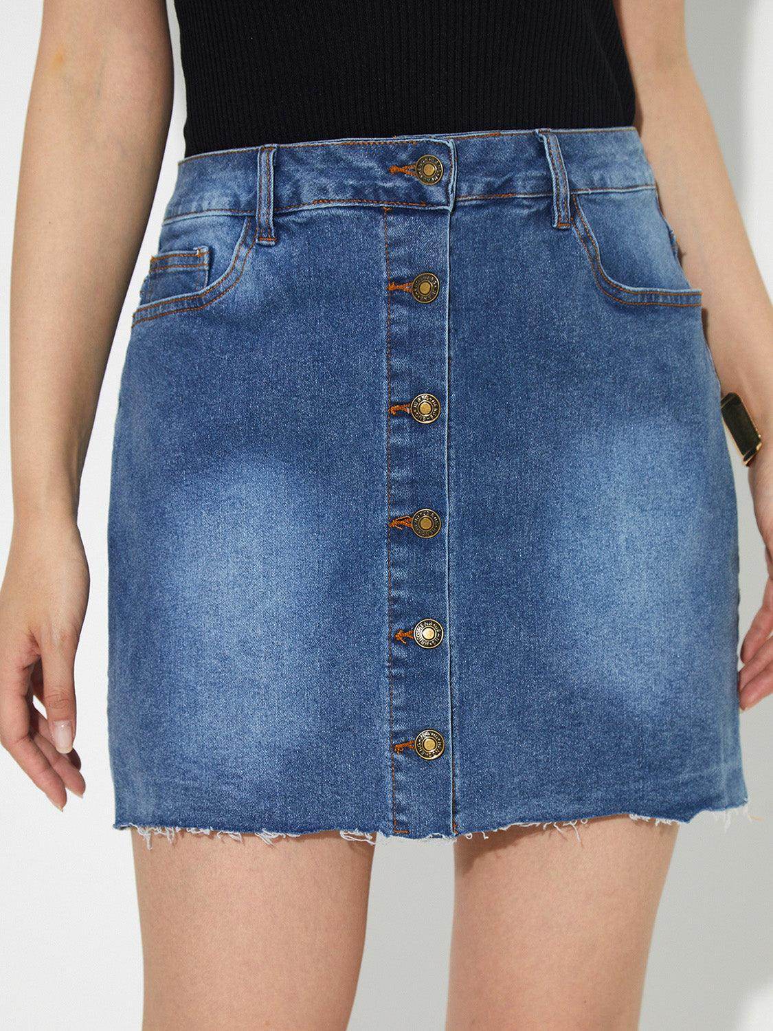 Pocketed Button Up Denim Skirt for Casual Chic Style - Selvanelle