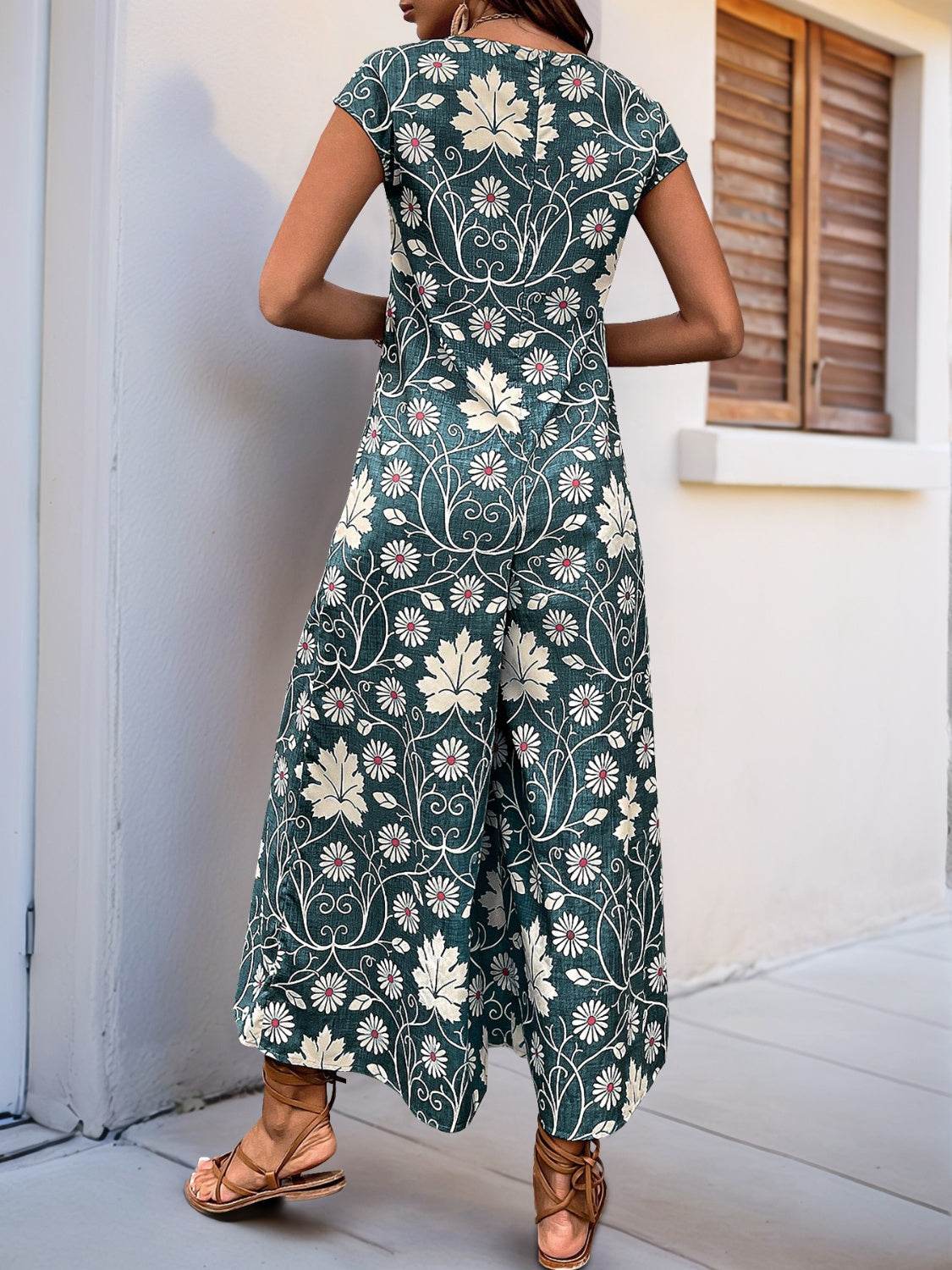Perfee Printed Round Neck Cap Sleeve Wide Leg Jumpsuit - Selvanelle
