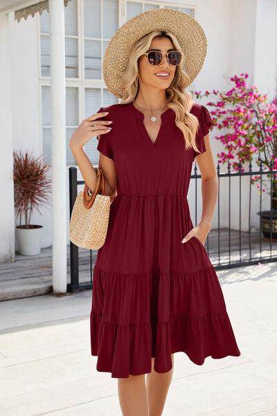 Ruched Notched Cap Sleeve Dress with Pockets and Stretch - Selvanelle