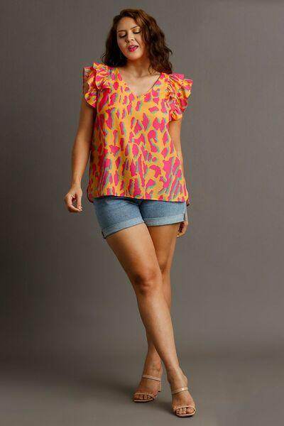 Umgee Full Size Abstract Print V-Neck Ruffle Sleeve Blouse - Selvanelle