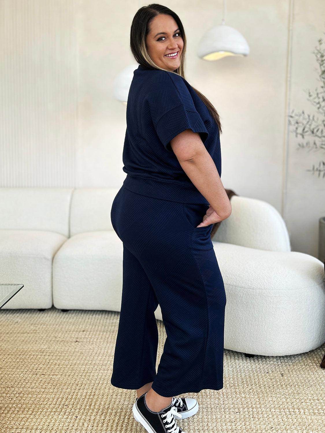 Double Take Full Size Texture Top and Pants Set for Women - Selvanelle