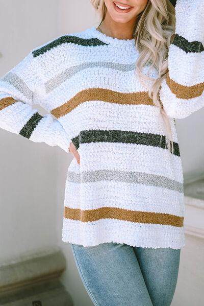 Striped Round Neck Dropped Shoulder Sweater for Women - Selvanelle