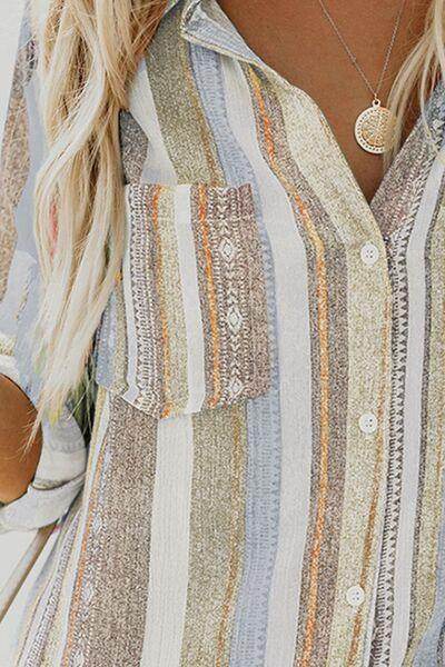 Striped Collared Neck Long Sleeve Shirt for Women Fashion - Selvanelle